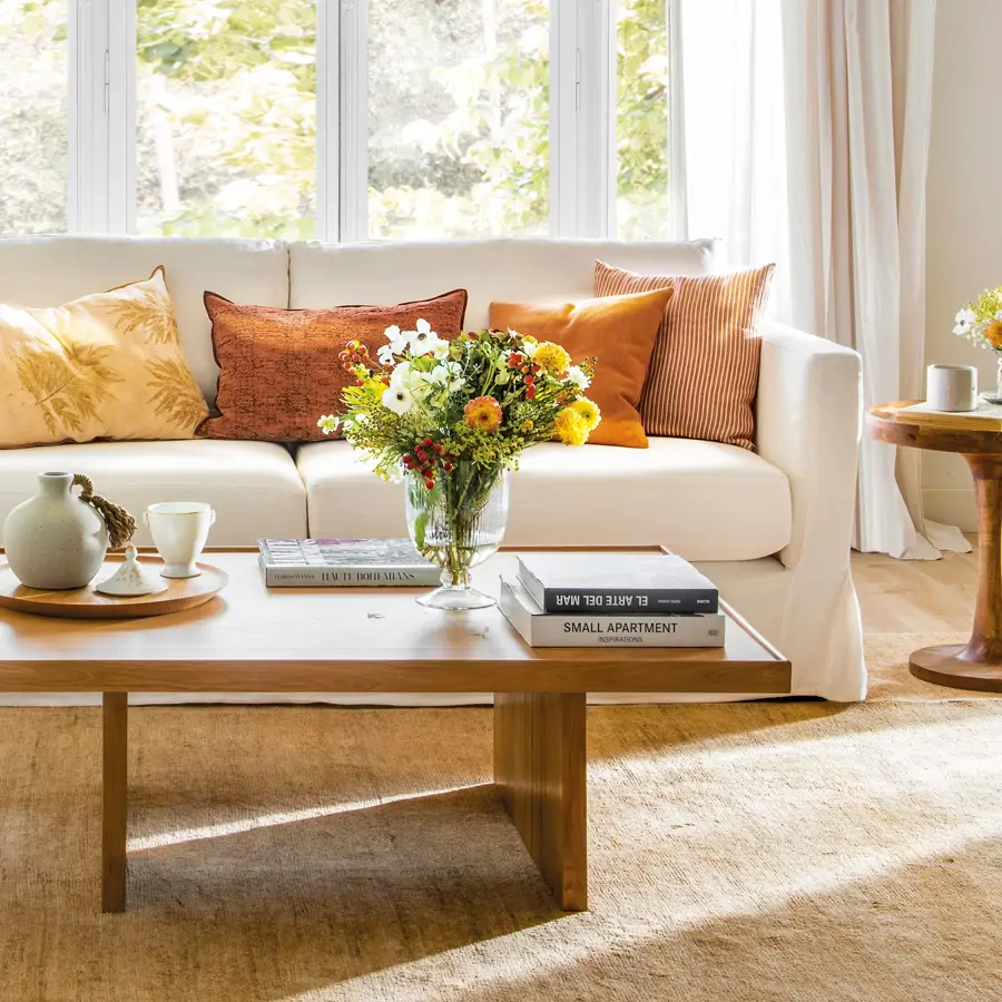 Salón pequeño con sofá y butaca blancos