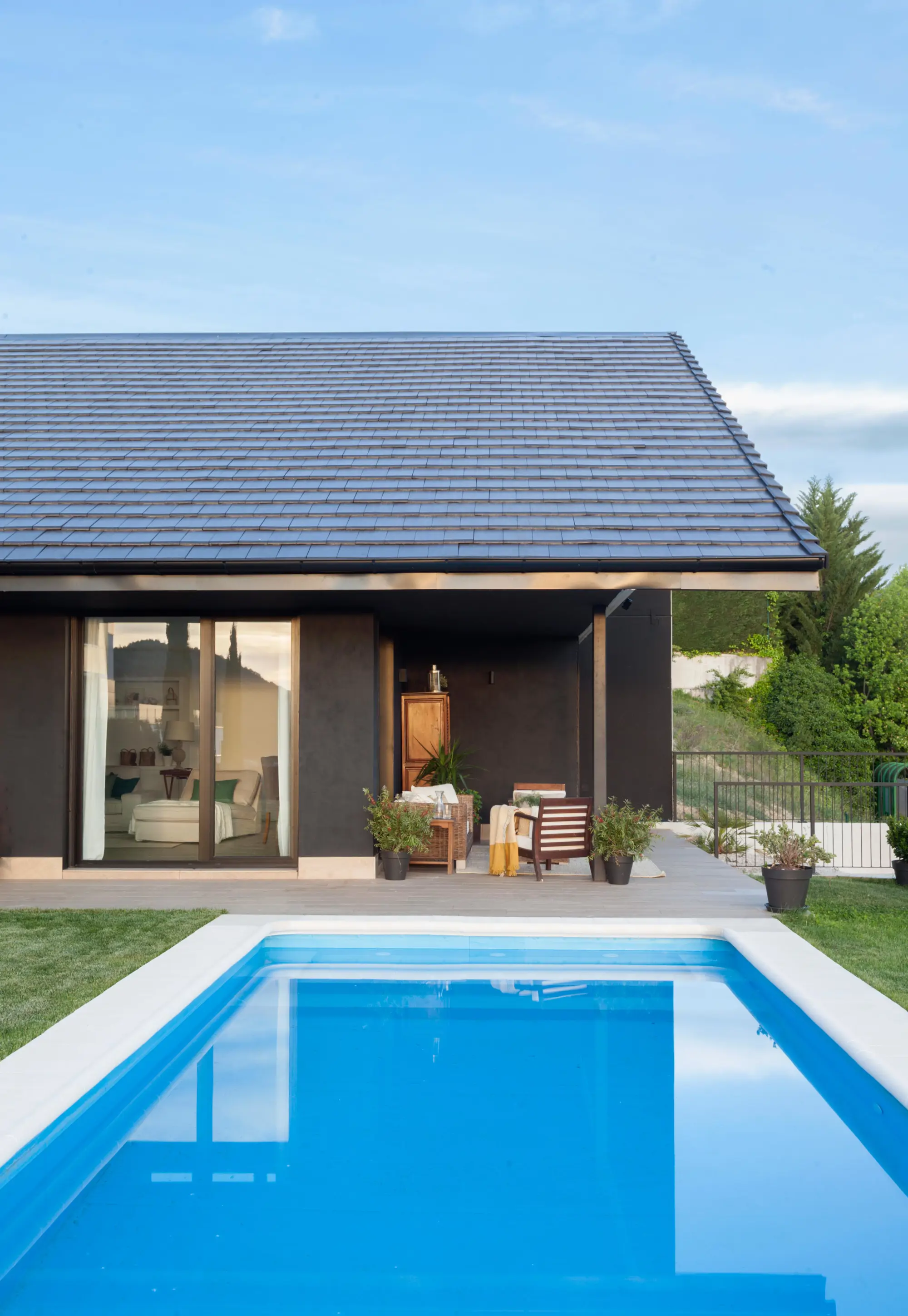 Una piscina rodeada de verde