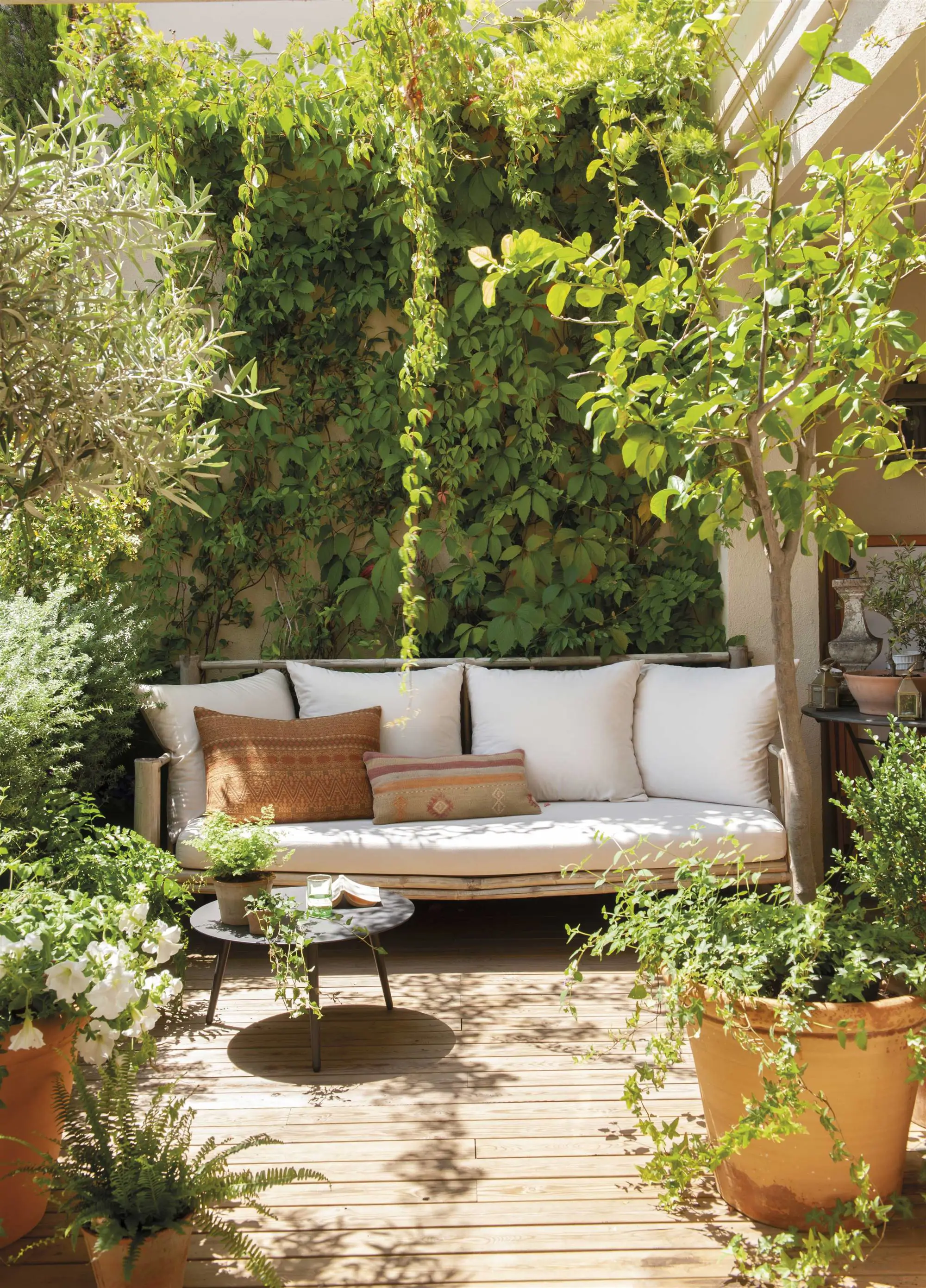 Terraza con banco blanco y muchas plantas.