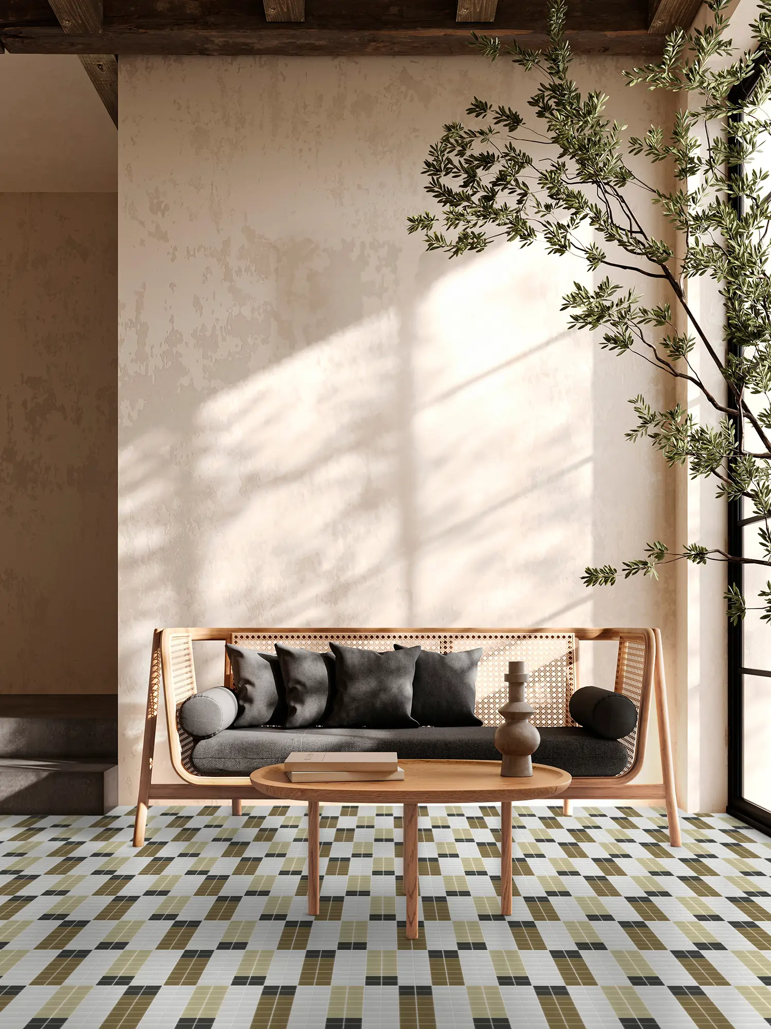 Recibidor con suelo de mosaico Hisbalit modelo Mirror Rustic