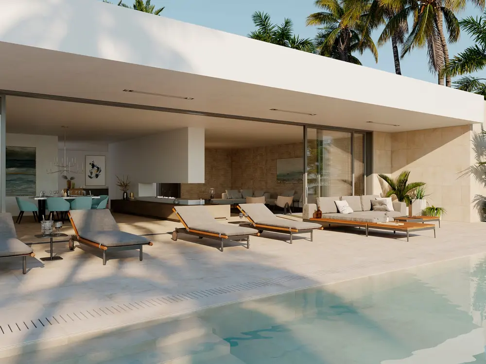 Azulejo para piscina Baltimore Beige con sistema Pool-deck de Porcelanosa y Butech.