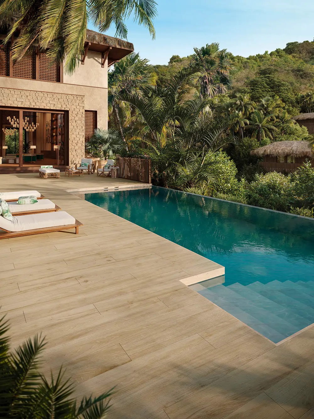 Azulejo para piscina PAR-KER® Nobu Arce de Porcelanosa en el sistema skimmer.