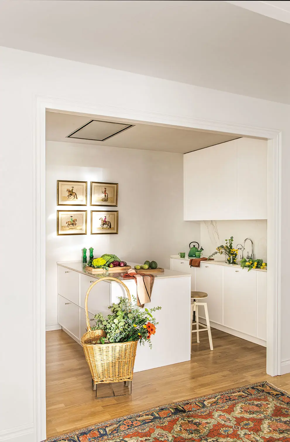 Cocina pequeña con isla y fuegos integrados en la encimera