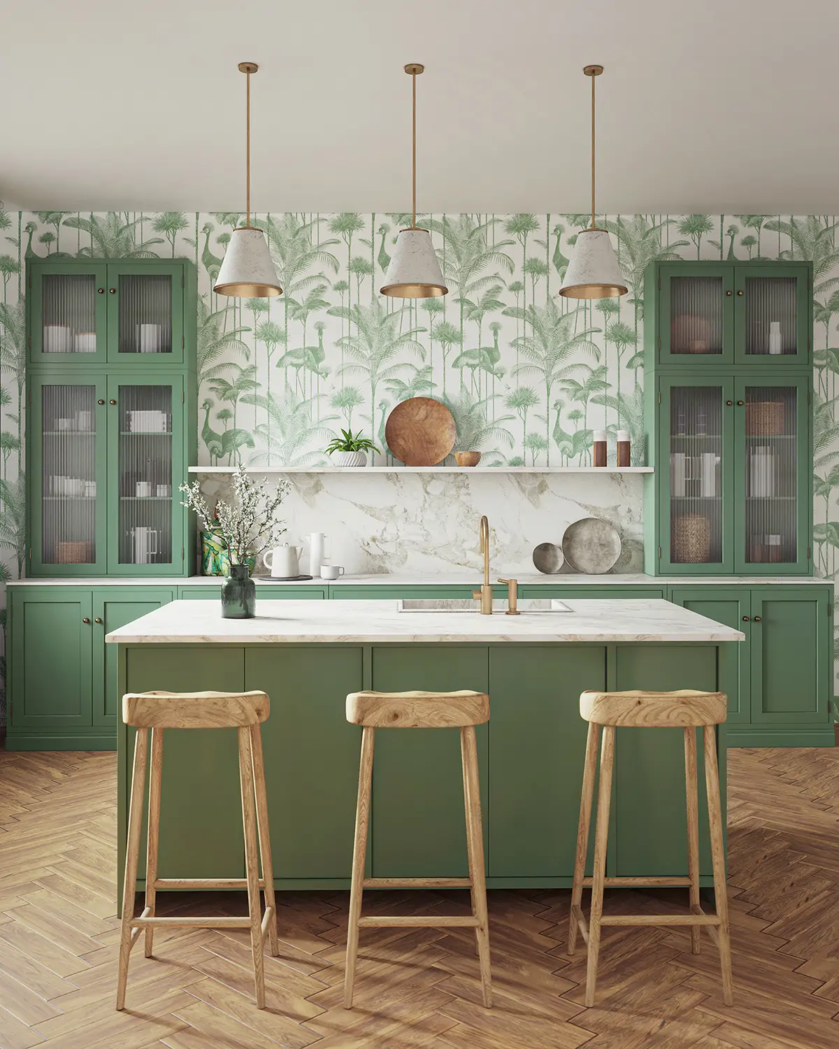 Cocina verde con papel pintado vegetal.