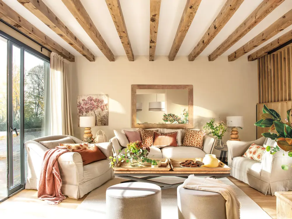 Salon vogas espejo sofá pared sofá beige cojines terracota madera