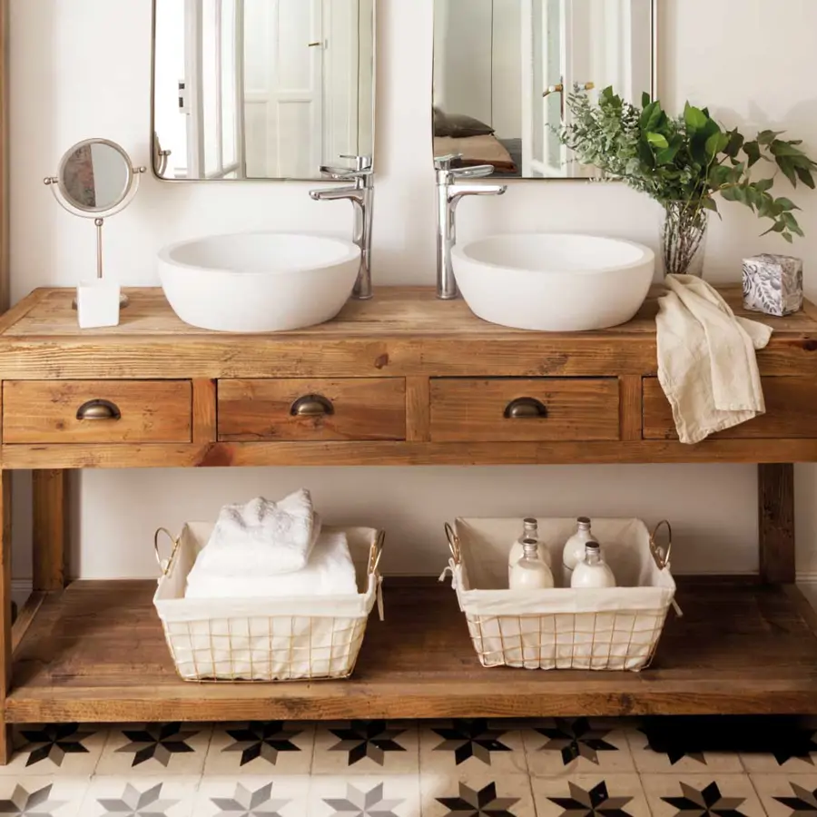 00498881 baño madera cestas espejos dos doble 