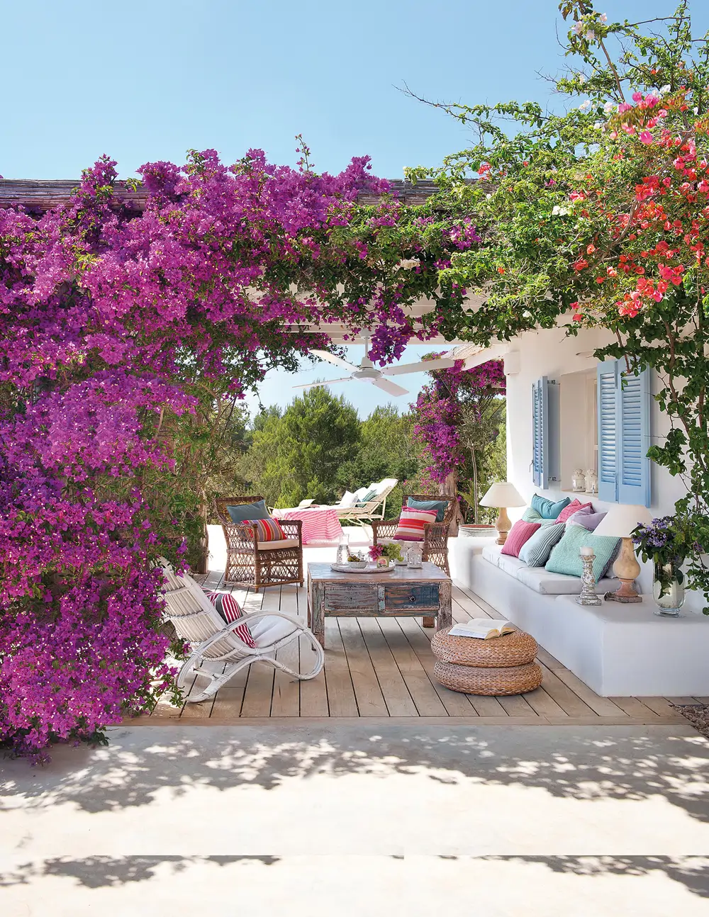 Pérgola con buganvilla en flor y fachada de la casa en blanco