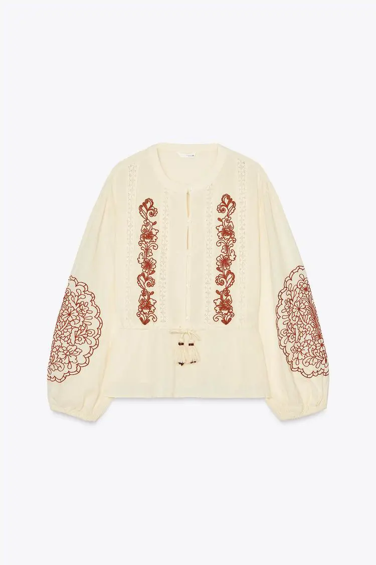blusa blanca zara bordado terracota