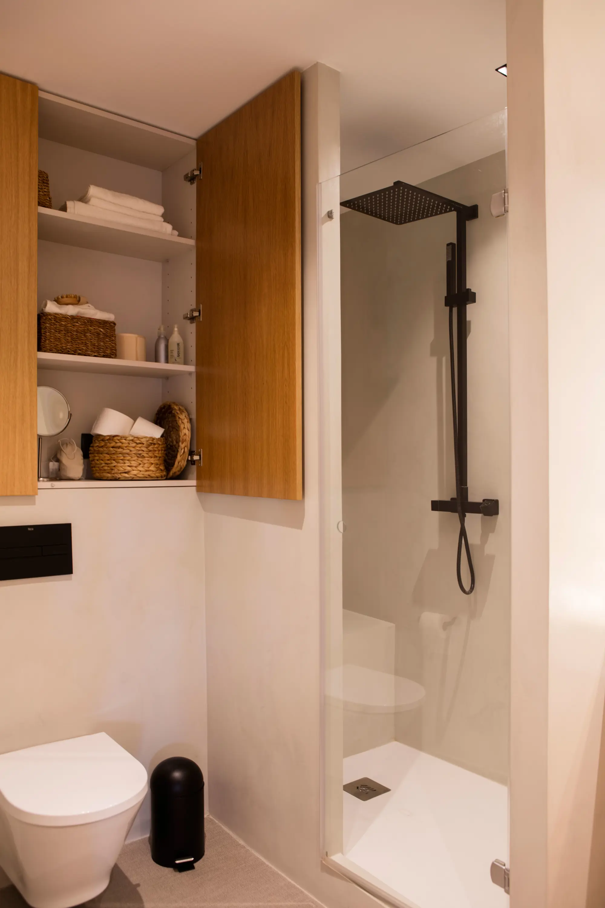Small bathroom with shower with wardrobe over the cistern