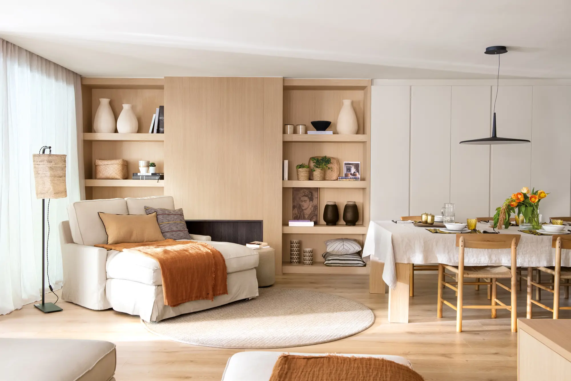 Living/dining room with modern ceiling and floor lamps